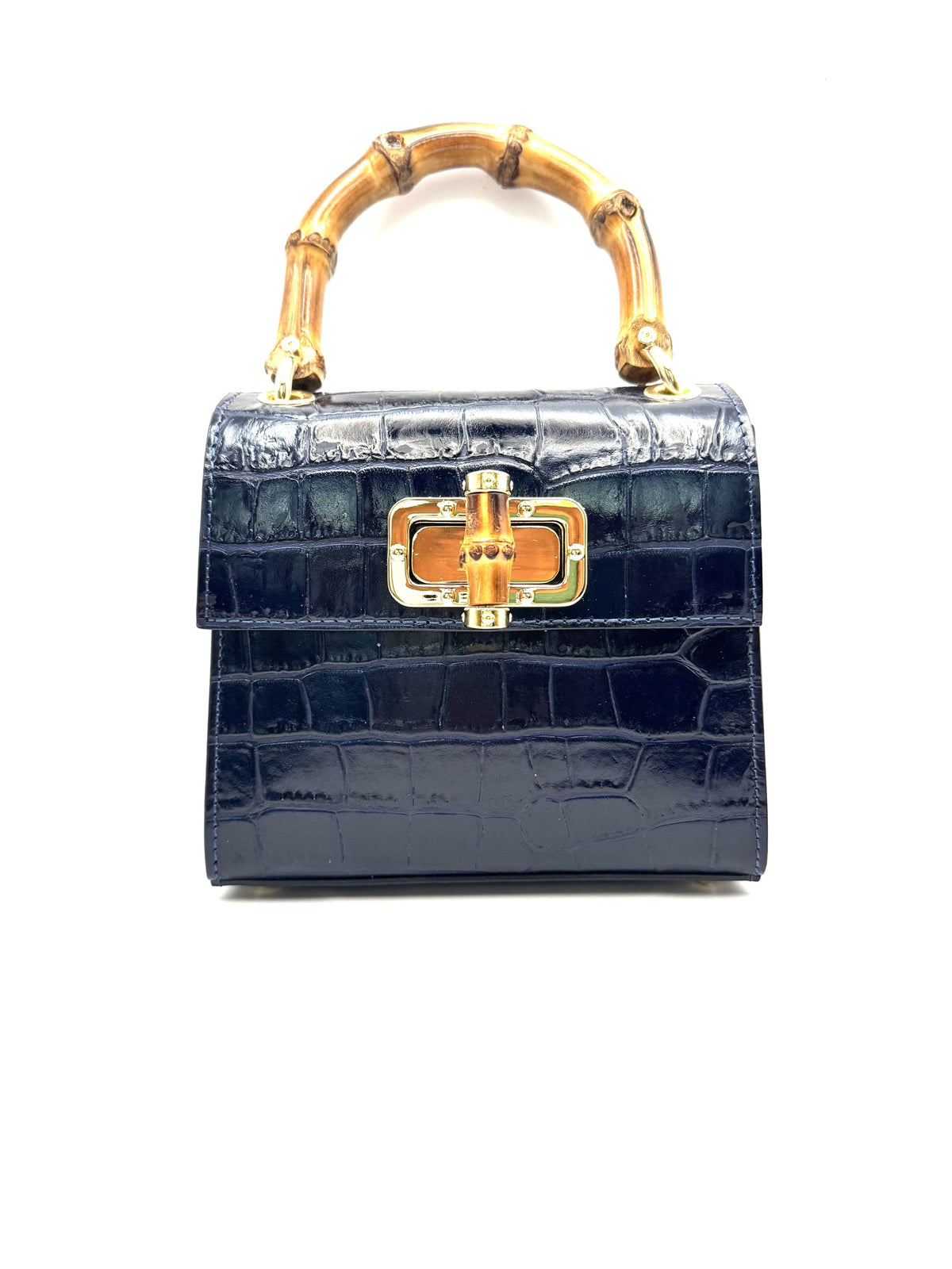BAMBOO HANDLE NAVY CROC BAG WITH CROSSBODY STRAP