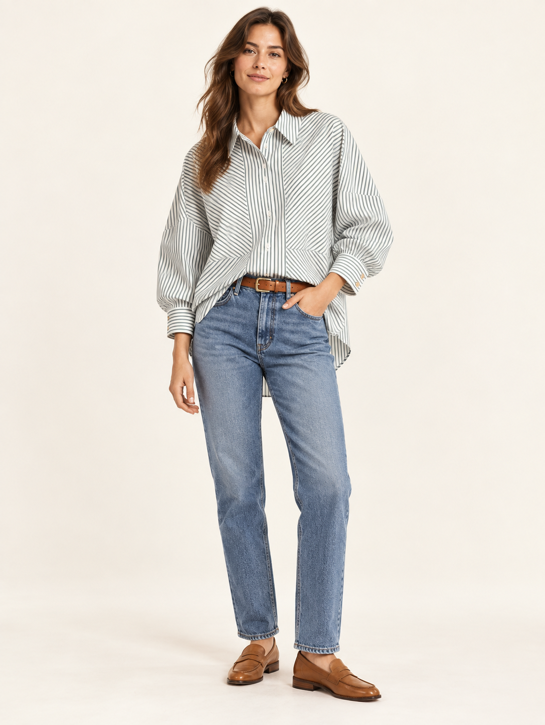 GREEN/WHITE STRIPED BUTTON DOWN