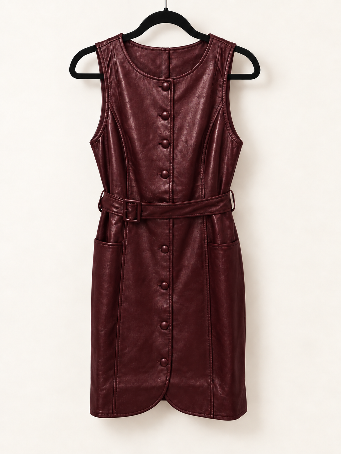 JULIAN FAUX LEATHER BELTED DRESS IN WINE