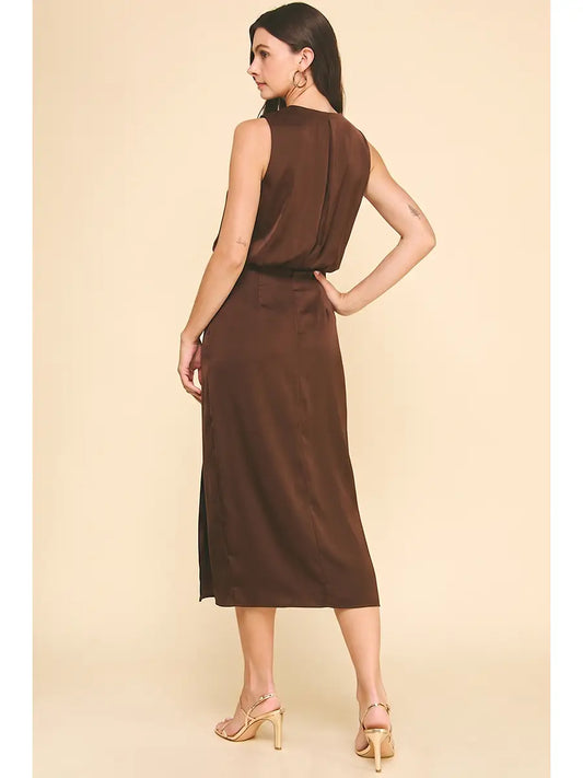 SILKY MIDI DRESS DARK BROWN