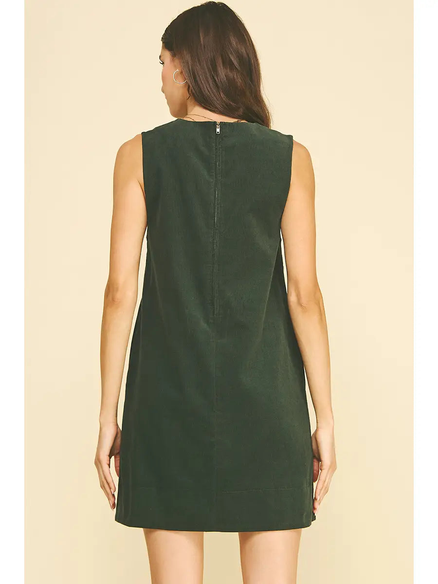 CORDUROY SLEEVELESS MINI DRESS IN DEEP GREEN