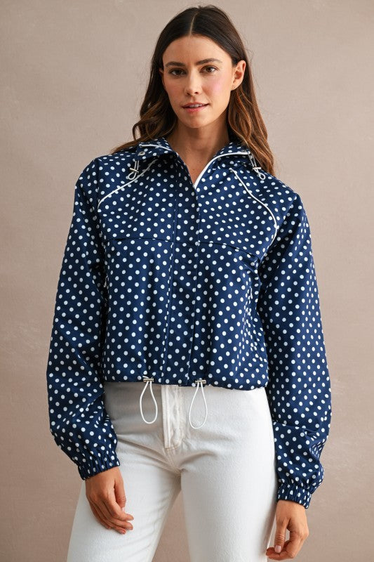 POLKA DOT HOODED JACKET IN NAVY