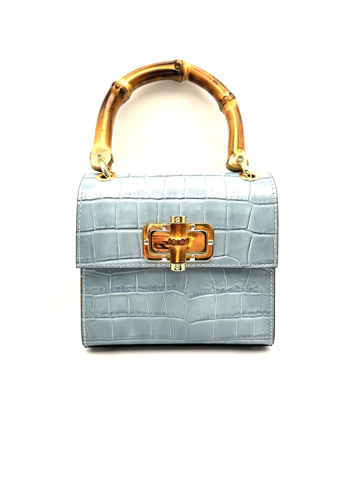 BAMBOO HANDLE SKY BLUE CROC BAG WITH CROSSBODY STRAP