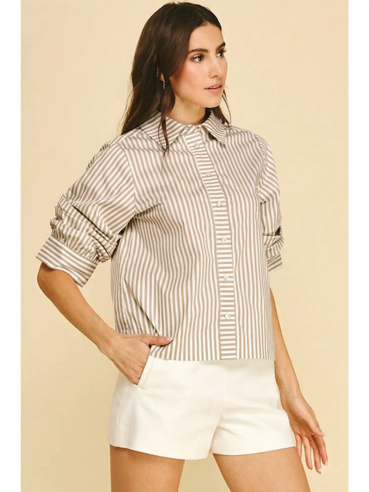 RUCHED STRIPED BUTTON DOWN TOP