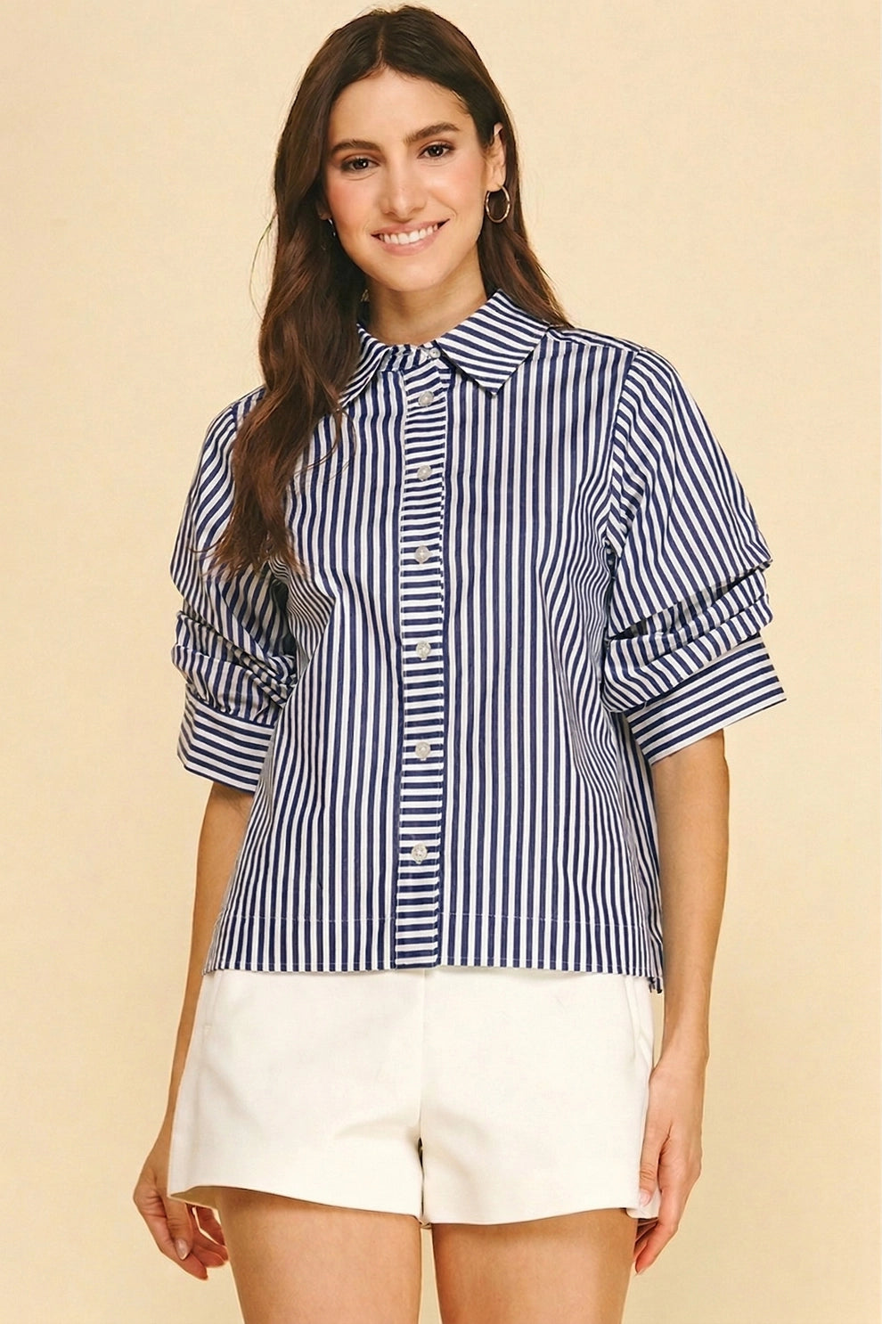 RUCHED STRIPED BUTTON DOWN TOP