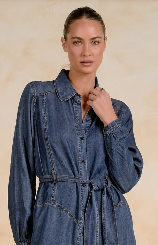 LONG SLEEVE BUTTON UP DENIM MIDI DRESS