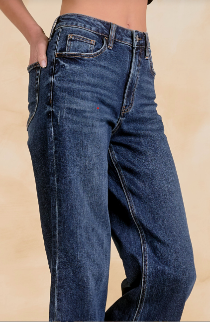 HI RISE WIDE LEG DARK DENIM STRETCH JEANS