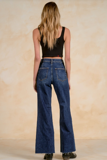 HI RISE WIDE LEG DARK DENIM STRETCH JEANS