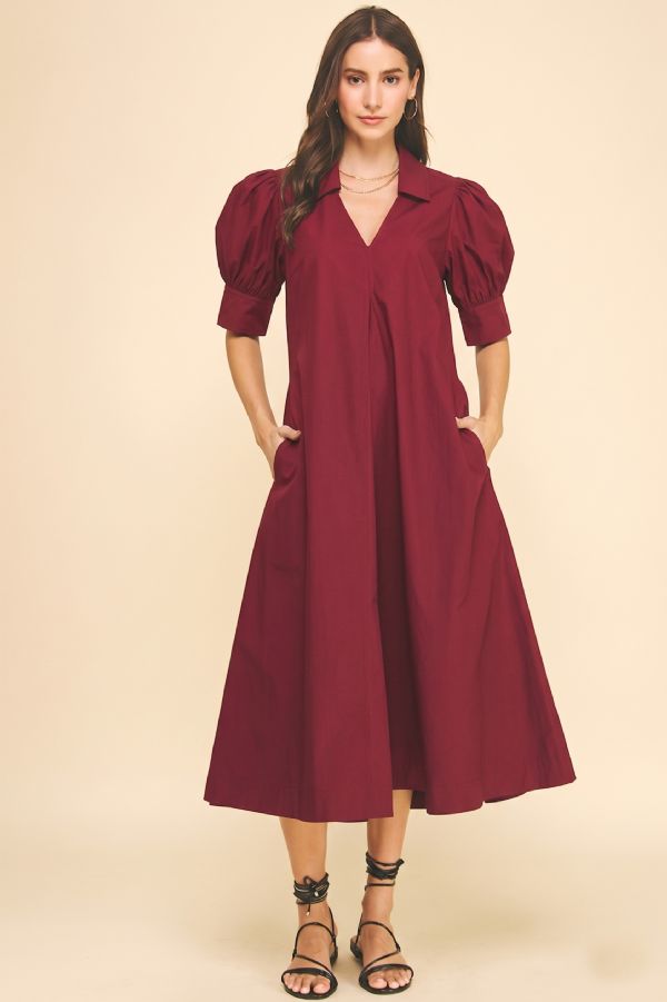 V-NECK A-LINE MIDI DRESS IN MAROON