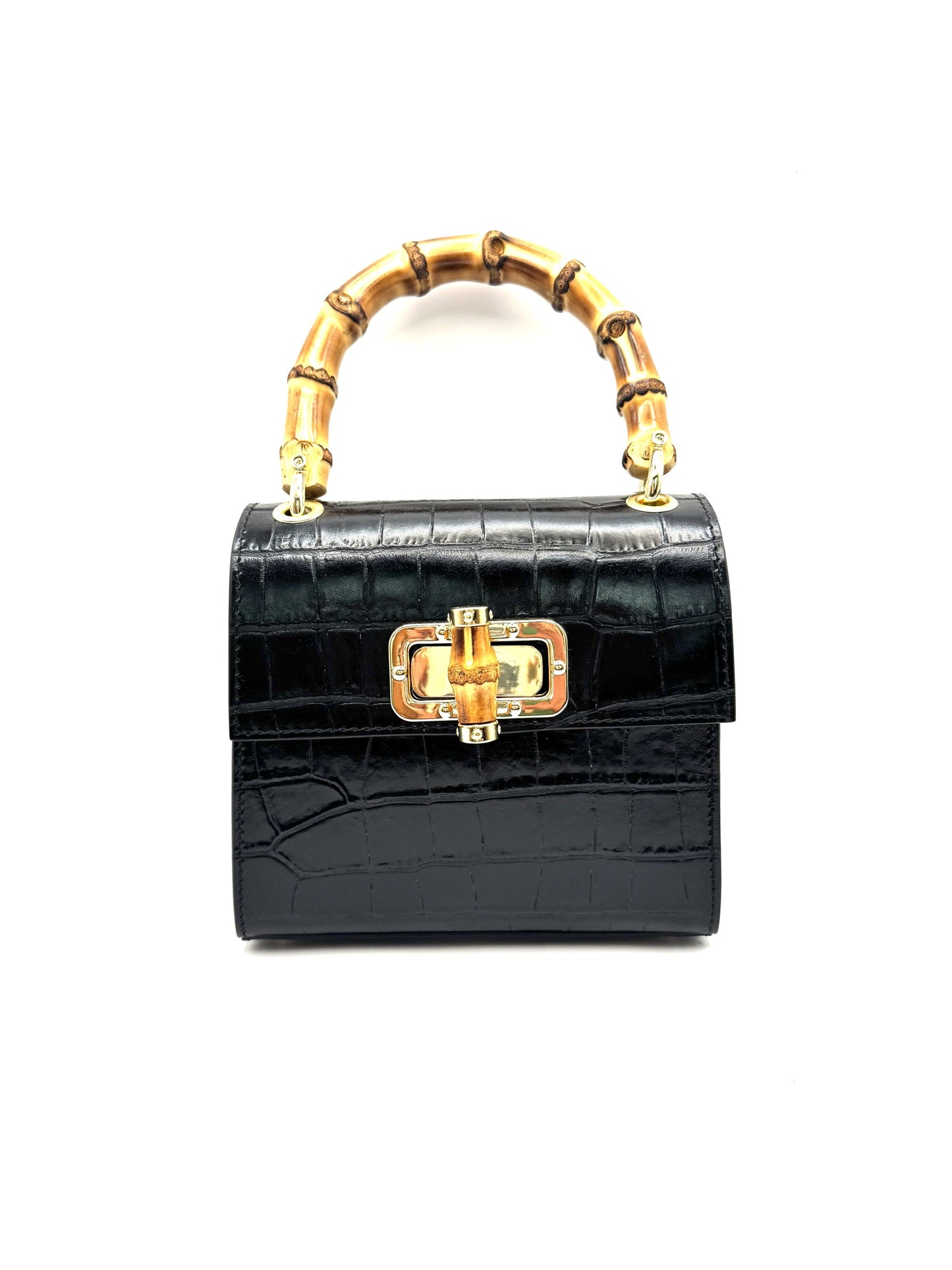 CROC-EMBOSSED BAMBOO HANDLE HANDBAG BLACK