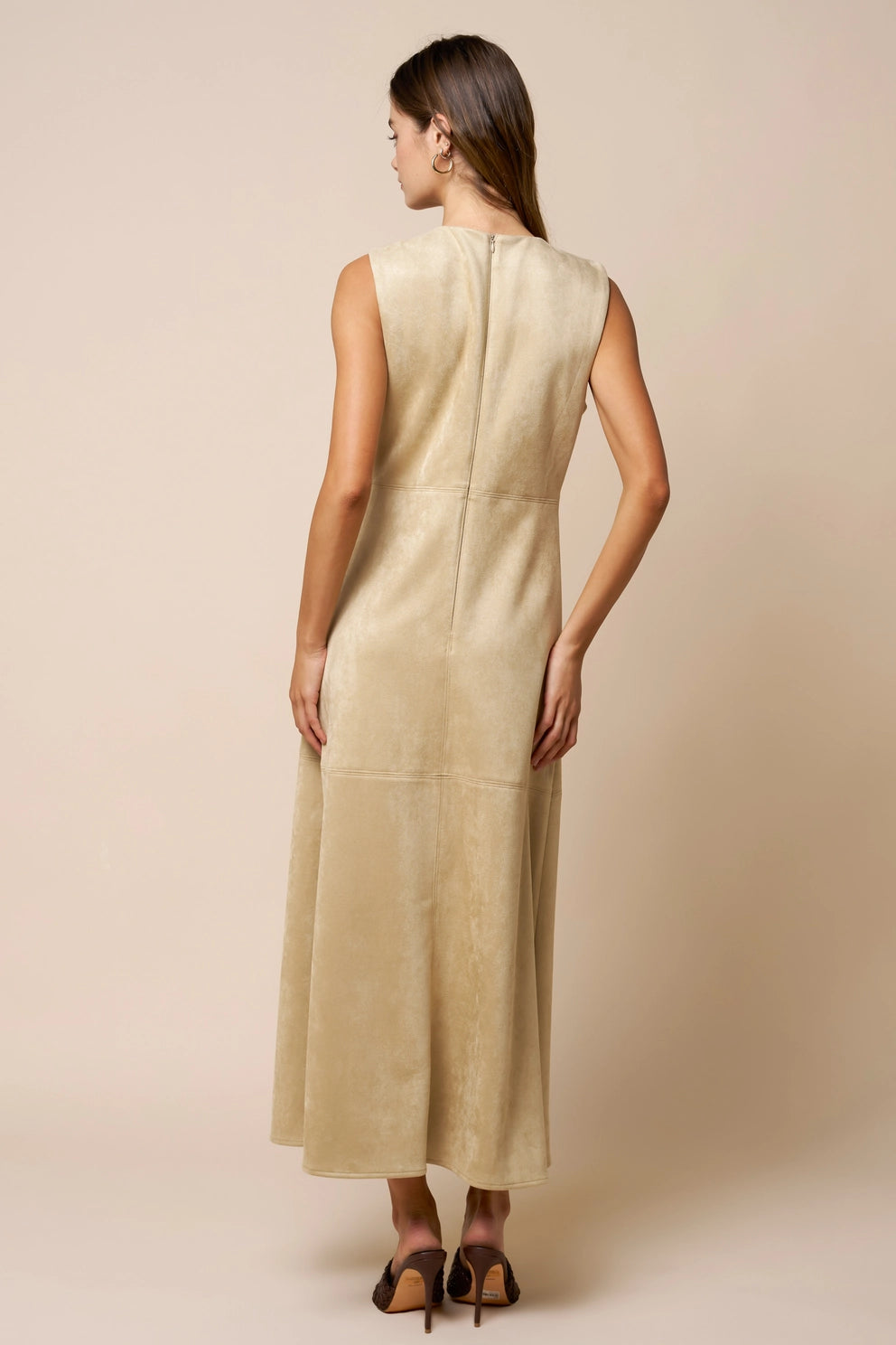 SUEDE SLEEVELESS MAXI DRESS IN OATMEAL