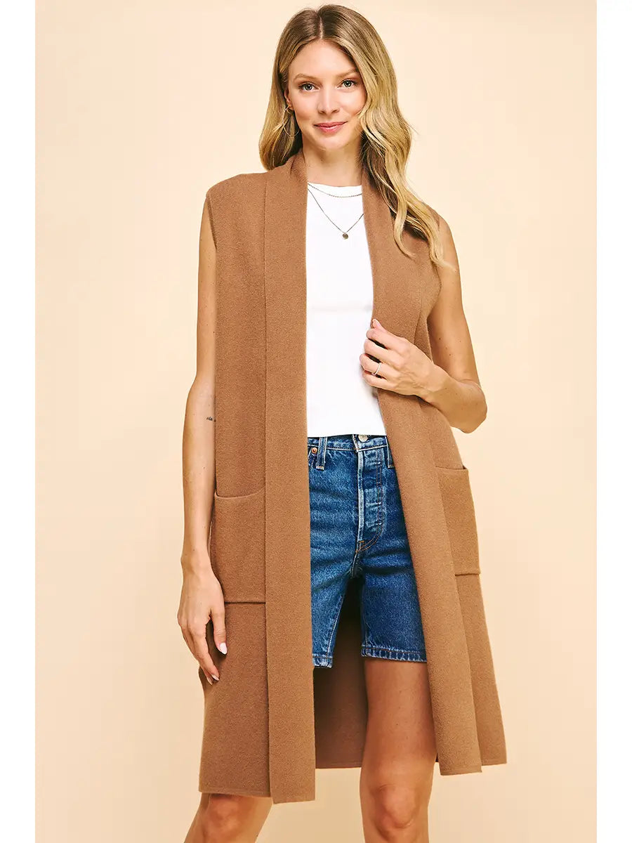 SLEEVELESS CARDIGAN CAMEL