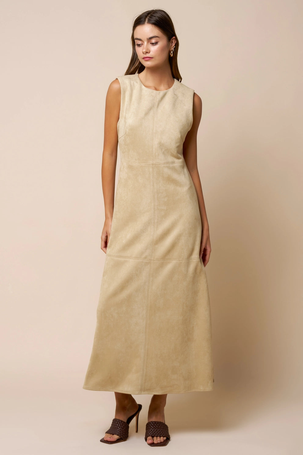 SUEDE SLEEVELESS MAXI DRESS IN OATMEAL