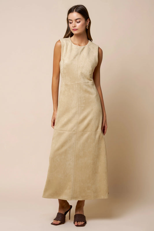 SUEDE SLEEVELESS MAXI DRESS IN OATMEAL