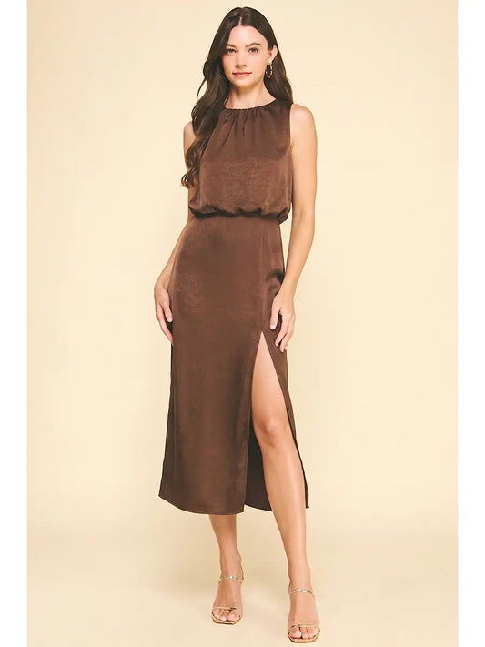 SILKY MIDI DRESS DARK BROWN