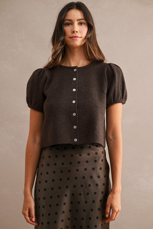 PUFF SLEEVE KNIT SWEATER IN DARK BROWN