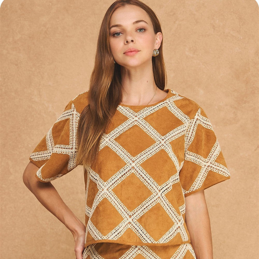 CROCHET PATCH SUEDE CROPPED TOP
