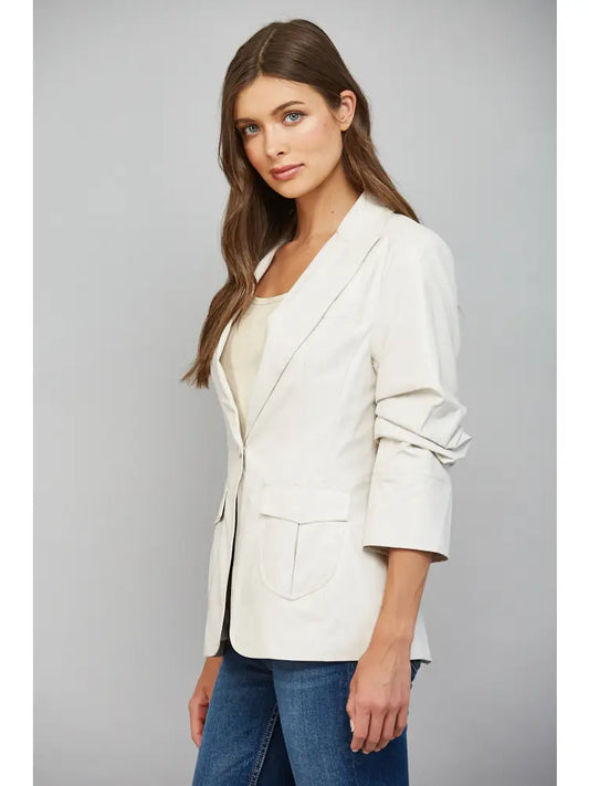 RUCHED SLEEVE LEATHER JACKET IN ECRU