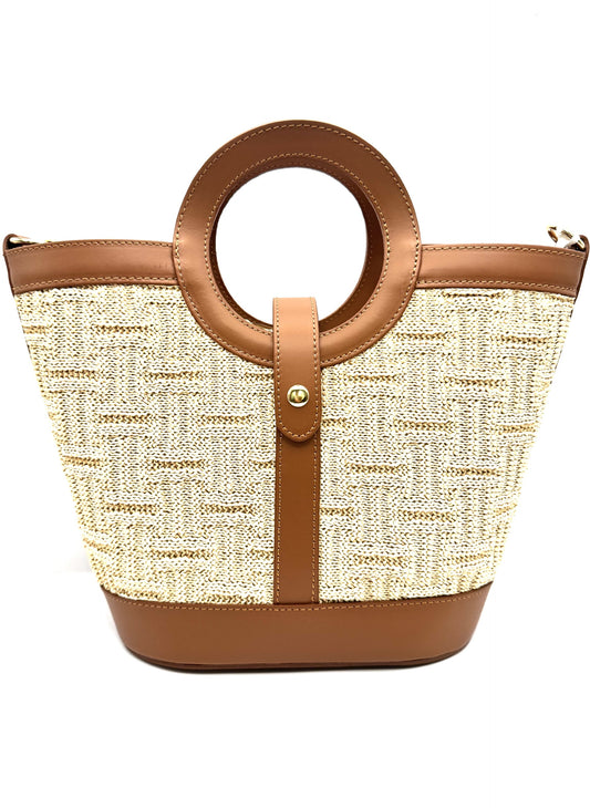 LEATHER/RAFFIA TOTE IN CAMEL