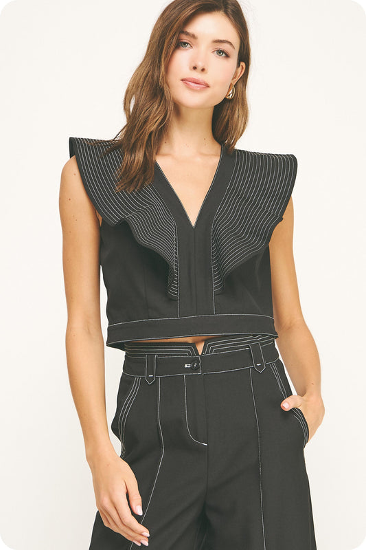 TOP STITCH RUFFLE VNECK CROP TOP