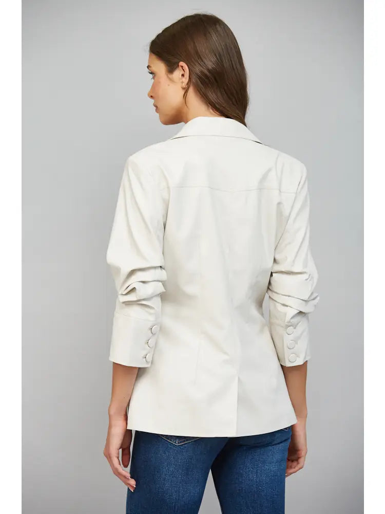 RUCHED SLEEVE LEATHER JACKET IN ECRU