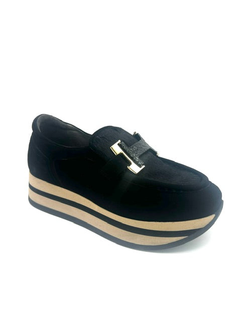 SOFTWAVES 7.78.141 VELOUR PONY BLACK LOAFER