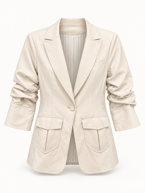 RUCHED SLEEVE LEATHER JACKET IN ECRU