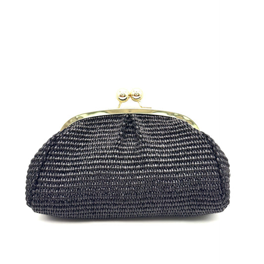 RAFFIA KISS-LOCK CLUTCH CROSSBODY BLACK