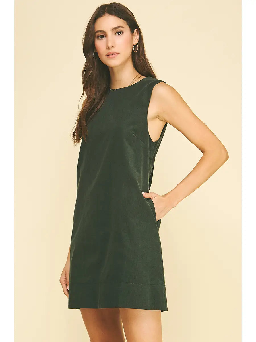 CORDUROY SLEEVELESS MINI DRESS IN DEEP GREEN