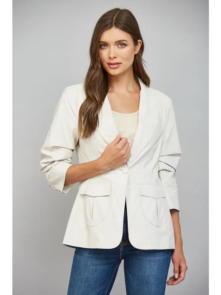 RUCHED SLEEVE LEATHER JACKET IN ECRU