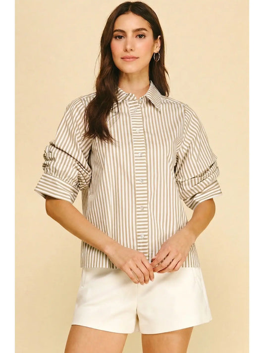 RUCHED STRIPED BUTTON DOWN TOP