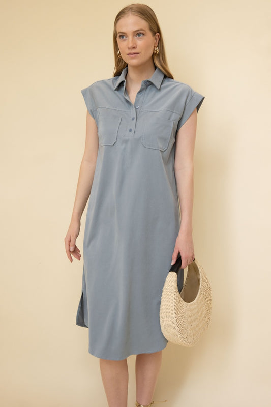 QUARTER BUTTON UP SLEEVELESS MIDI