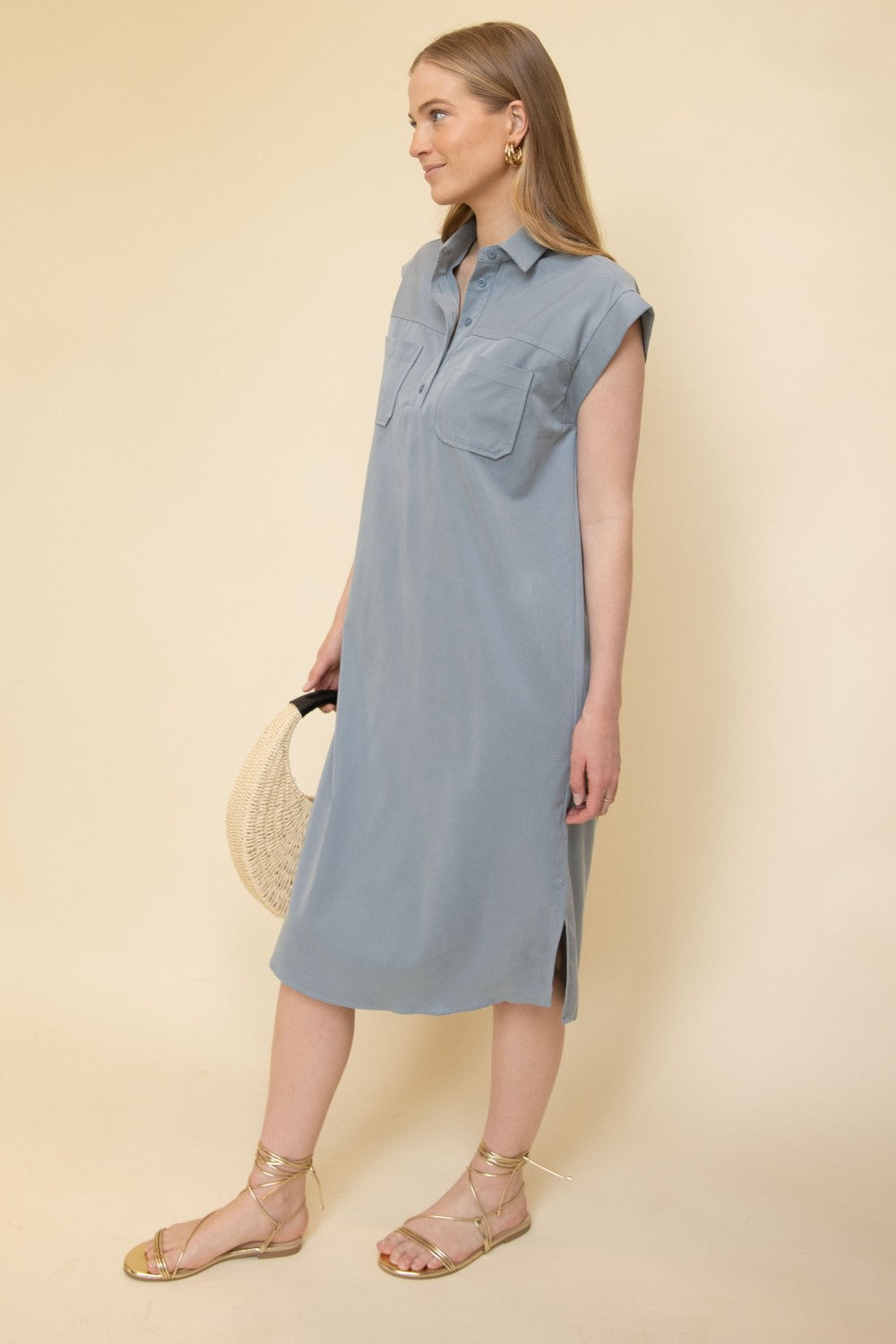QUARTER BUTTON UP SLEEVELESS MIDI