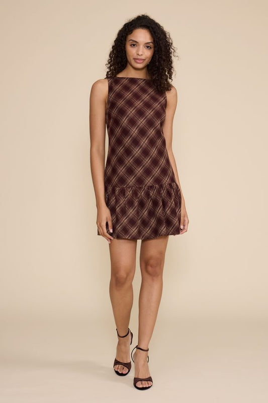 LARA MINI DRESS IN BROWN PLAID