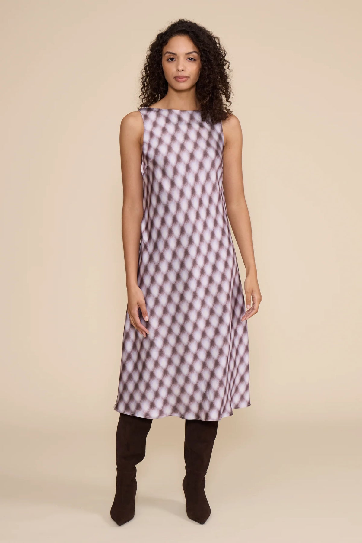 MEILINE LAVENDER CHECK MIDI DRESS