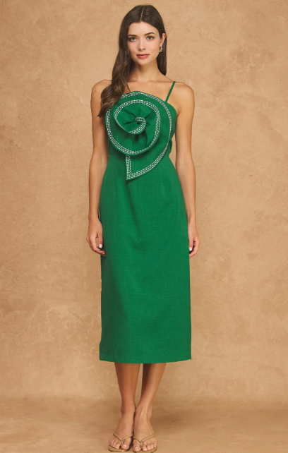 TOP STITCH FLOWER MIDI DRESS IN GREEN