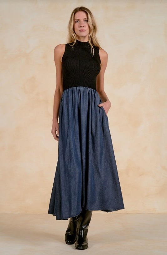 SLEEVLESS BLACK/DENIM DRESS