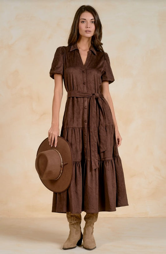 SHORT SLEEVE COLLARED SUEDE MIDI IN CHOCOLATE