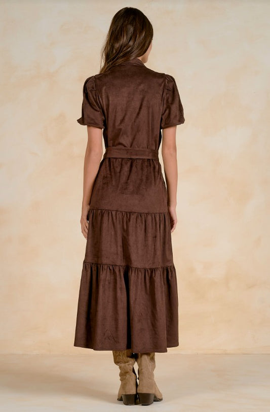 SHORT SLEEVE COLLARED SUEDE MIDI IN CHOCOLATE