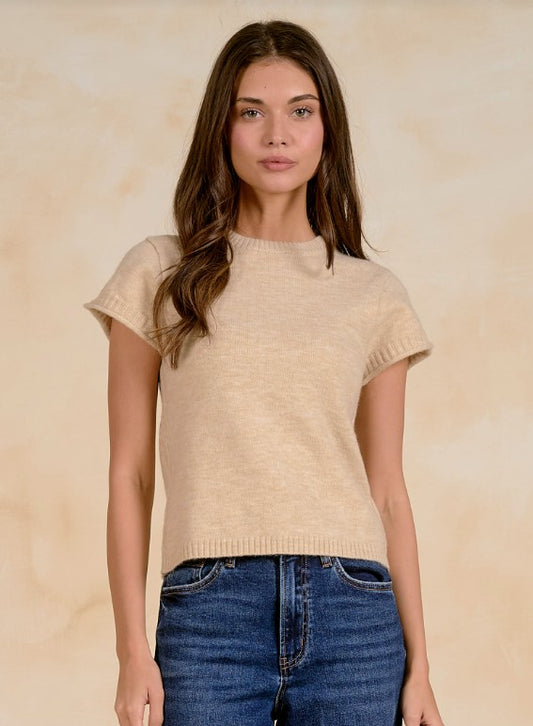 SHORT SLEEVE KNIT SWEATER IN STONE