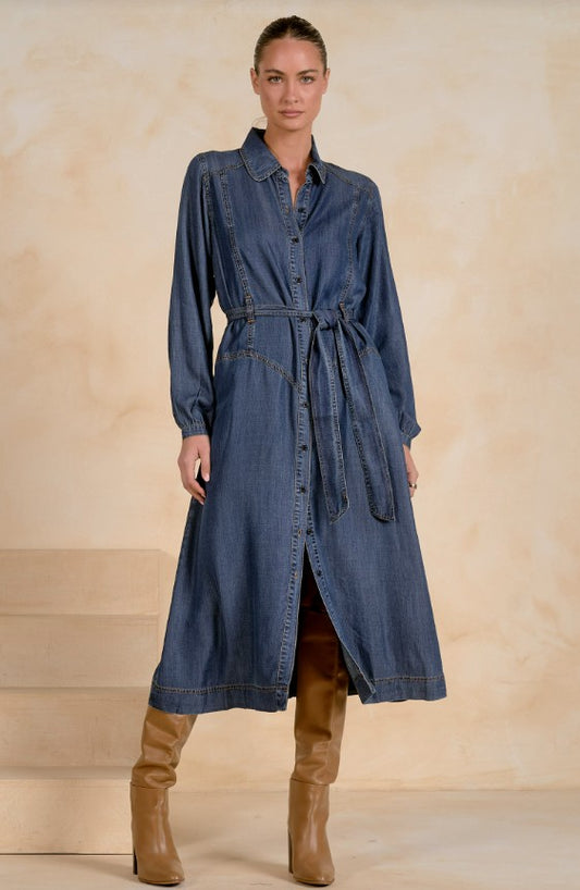 LONG SLEEVE BUTTON UP DENIM MIDI DRESS