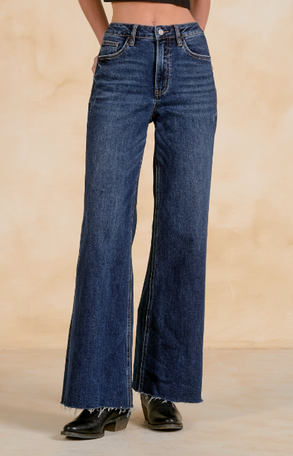 HI RISE WIDE LEG DARK DENIM STRETCH JEANS