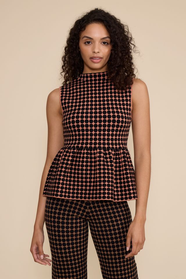 CATHERINE PEPLUM TOP IN BROWN/BLACK MULTI