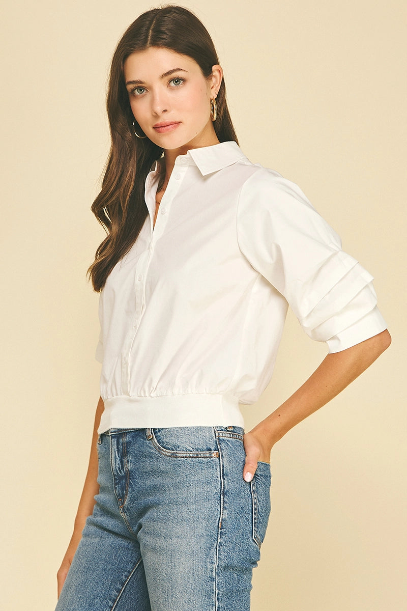 CROPPED BANDED HEM BLOUSE (2 COLORS)