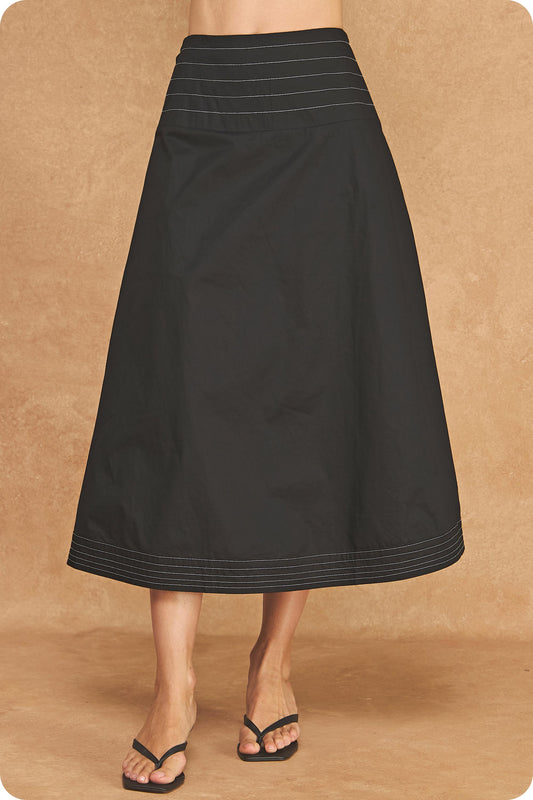 TOP STITCH SMOCKING DETAIL MIDI SKIRT BLACK