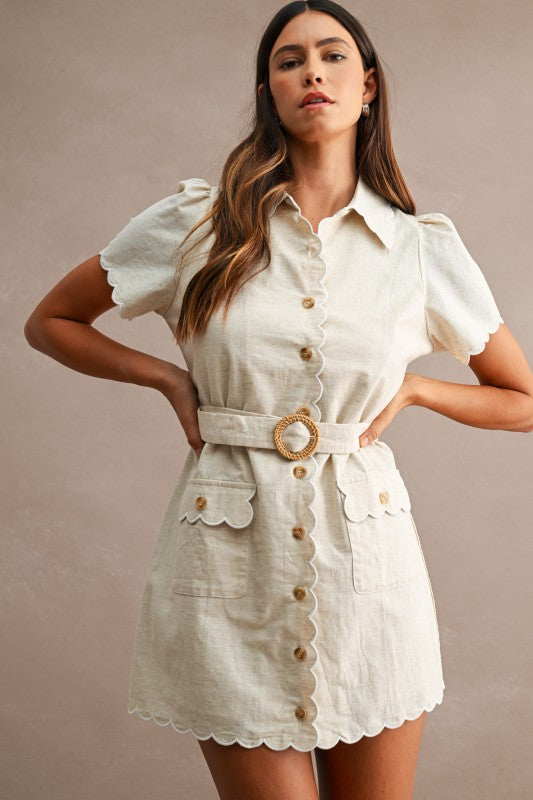 LINEN SHORT BELTED DRESS IN OATMEAL
