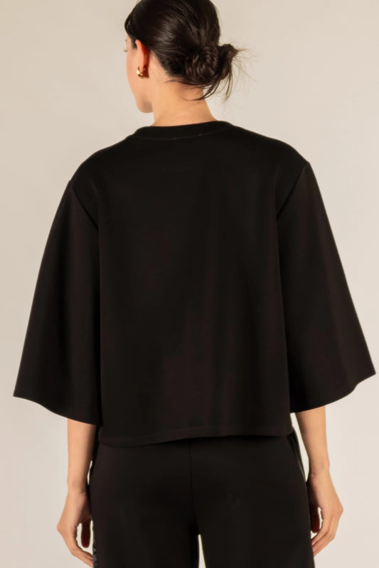 3/4 SLEEVE ROUND NECK BUTTER MODAL TOP IN BLACK
