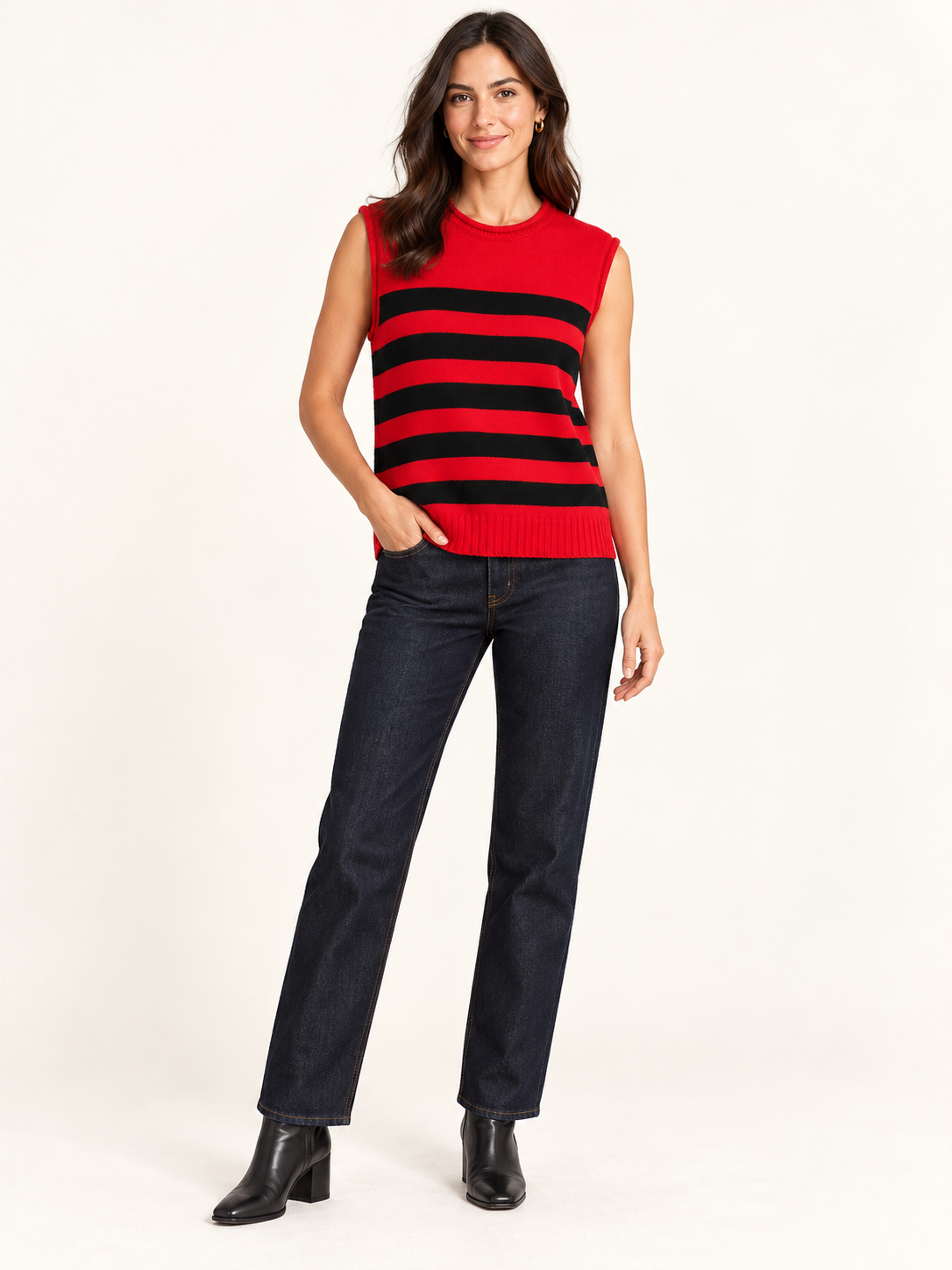 STRIPED SLEEVELESS SWEATER RED AND BLACK STRIPE