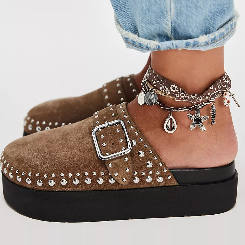 FREE PEOPLE CAYATANA STUDDED MULE TAUPE SUEDE