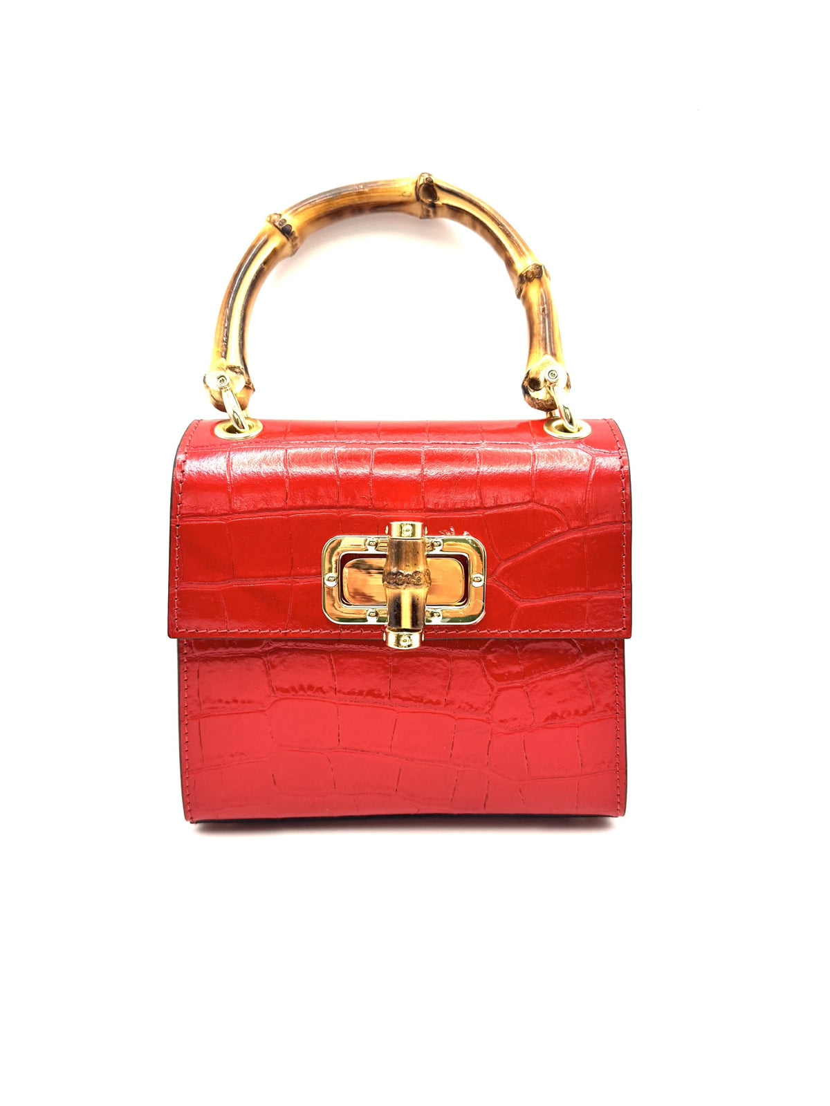 BAMBOO HANDLE RED CROC BAG WITH CROSSBODY STRAP